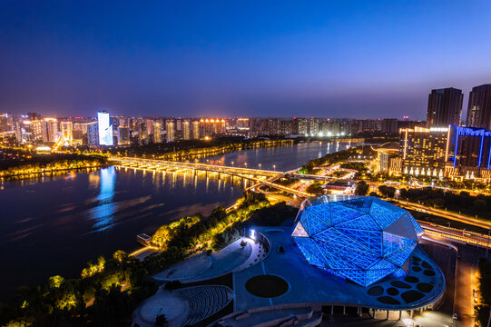 航拍中国辽宁沈阳歌剧院夜景