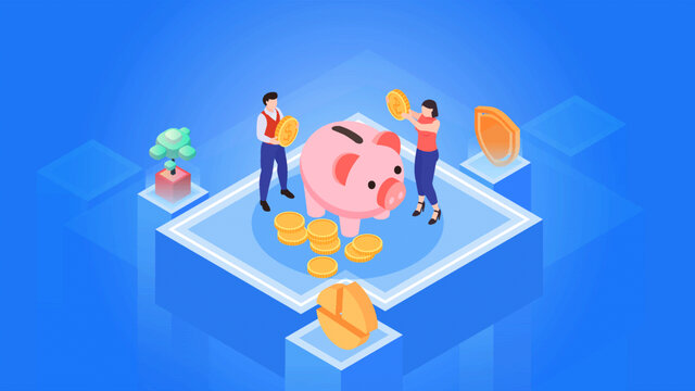 銀行理財年輕人往存錢罐存錢插畫