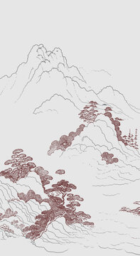 山水線描工筆線條山水框畫(huà)