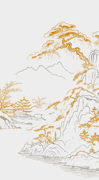 線描山水工筆線條山水框畫
