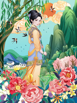 清明古风仕女人物山水风景插画