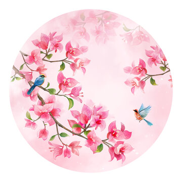 水墨三角梅花鳥畫
