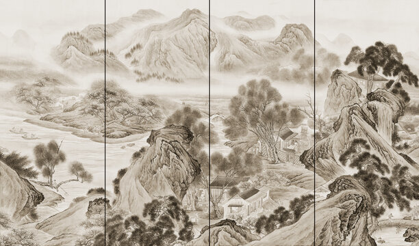 高端新中式山水背景墙壁画