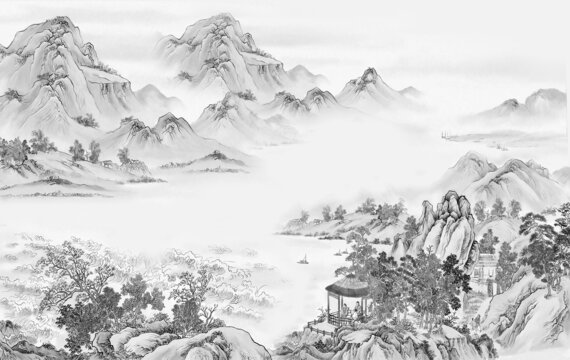 高端新中式山水背景墻壁畫