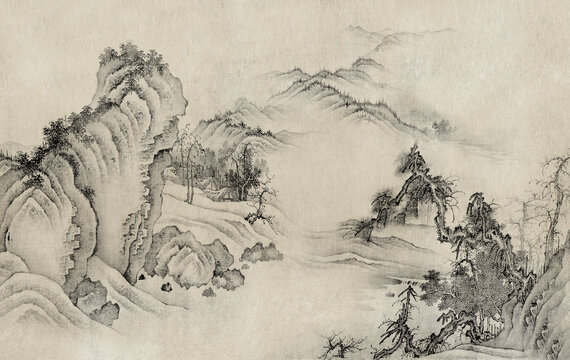 高端新中式山水楼阁背景墙壁画