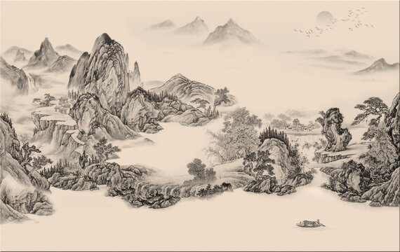 高端新中式山水楼阁背景墙壁画