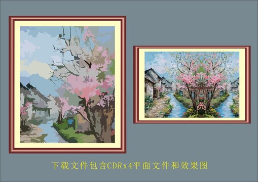 矢量桃花植物古风建筑故乡