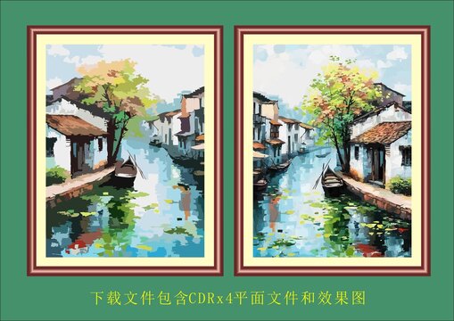 矢量建筑风景画水墨画