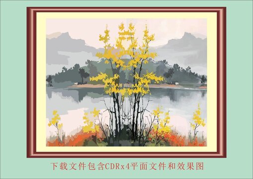 矢量植物自然风景画油画