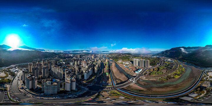 荥经县城鸽子花大桥720度全景