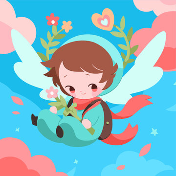 治愈系小男孩鮮花夢幻翅膀