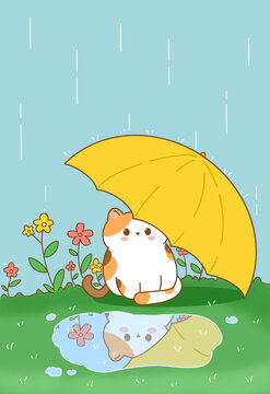 下雨天伞下躲雨猫咪