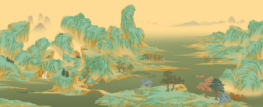 大型青綠山水圖卷高清精細分層