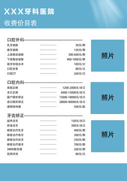 牙科價(jià)目表展板