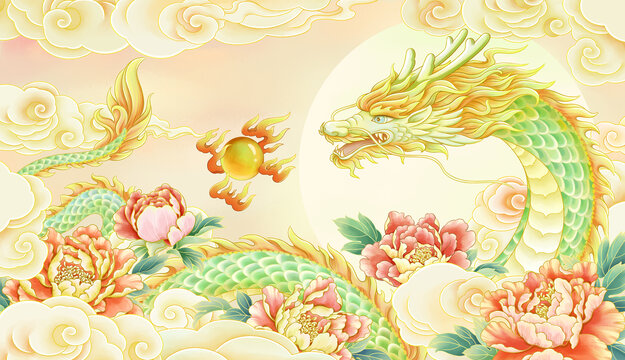 龍華富貴青龍牡丹插畫
