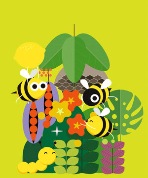 春天森林中勤劳的蜜蜂插画海报