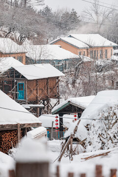 吉林松岭雪村冬季东北农村雪景