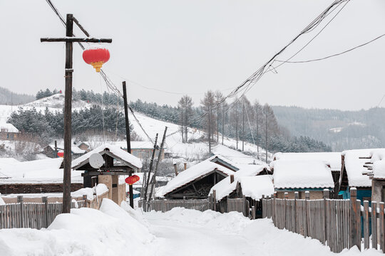 吉林松岭雪村冬季东北农村雪景