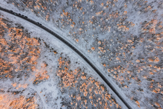 航拍东北雪景旅游森林雪后公路