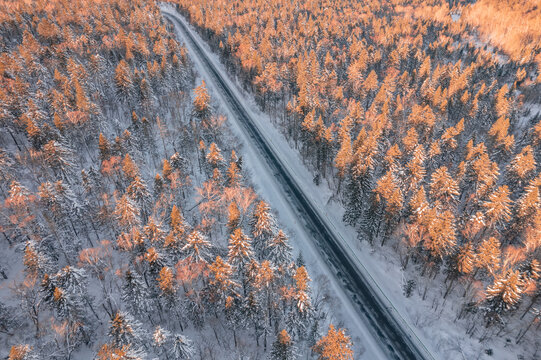 航拍东北雪景旅游森林雪后公路