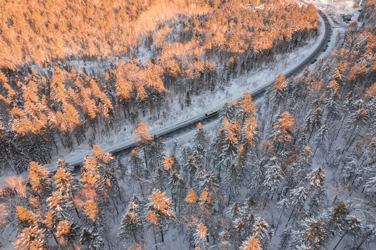 航拍东北雪景旅游森林雪后公路