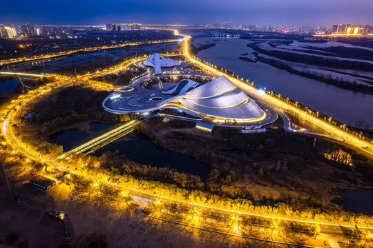 中国黑龙江哈尔滨大剧院夜景航拍