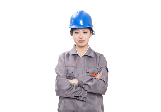 带着安全帽工程职业女性形象