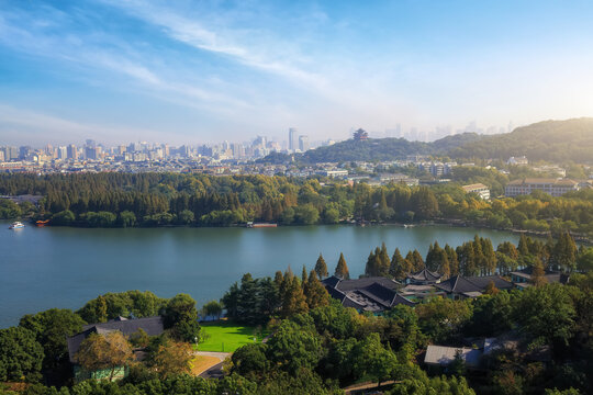 航拍西湖城市景观街景