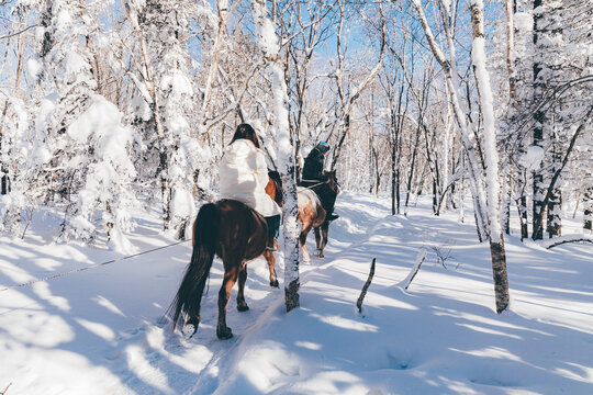 冬季雪景东北旅游骑马老里克湖