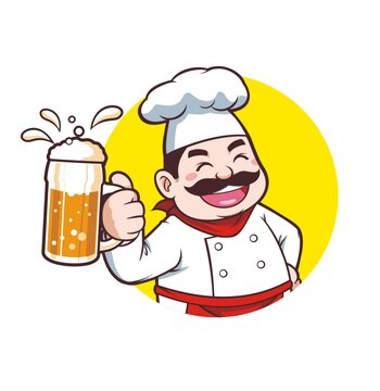 卡通中年男廚師喝啤酒頭像矢量圖