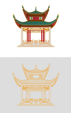 湖南長沙建筑愛晚亭矢量扁平線描