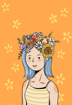 扁平風頭戴鮮花的少女