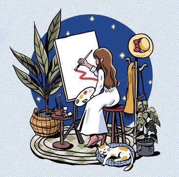 房間里安靜畫畫的少女