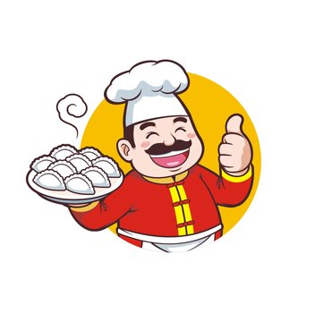 卡通中年男廚師端餃子頭像矢量圖