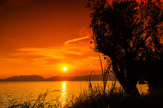 高原湖泊滇池日落景观