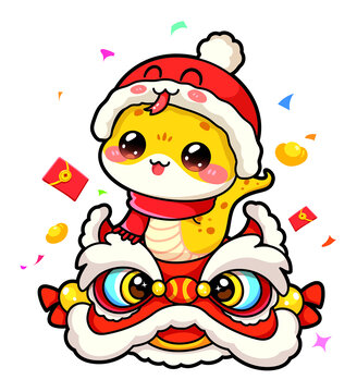 蛇年小蛇卡通生肖戴紅帽舞獅子