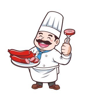 卡通中年男厨师端红肠形象矢量图