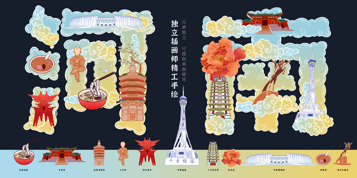 河南地标城市名片旅游宣传插画