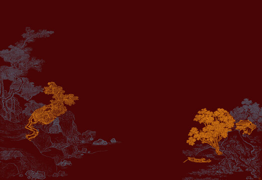 中式山水画描金山水壁画图