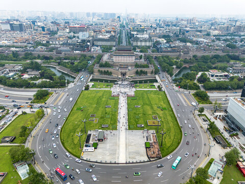 陕西西安古城墙永宁门航拍风景