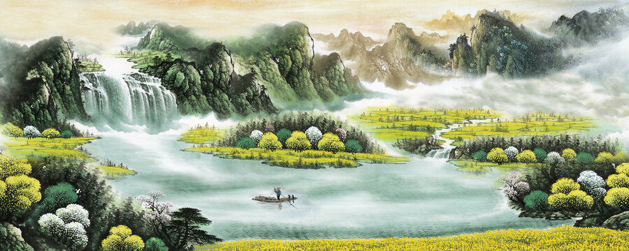 高清中式彩墨山水背景墻壁畫
