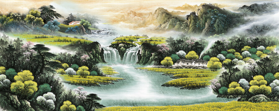 高清中式彩墨山水背景墻壁畫