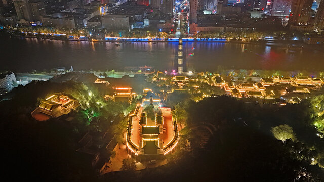 航拍甘肃兰州白塔山黄河夜景