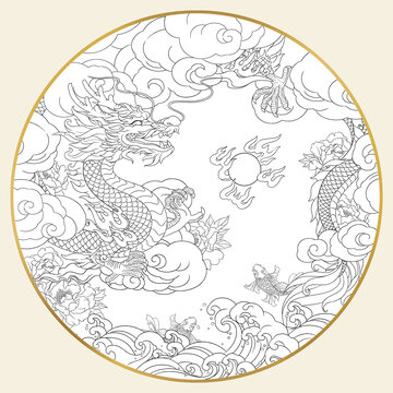 中國龍圖案線描