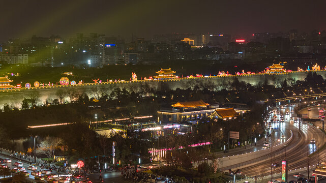 航拍西安城墙永宁门夜景