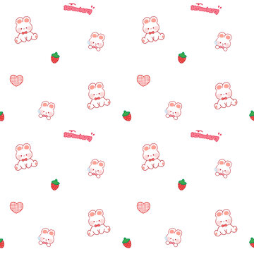 卡通草莓兔子图案粉色四方连续