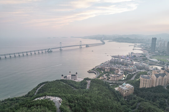 大连星海湾跨海大桥晚霞日落航拍