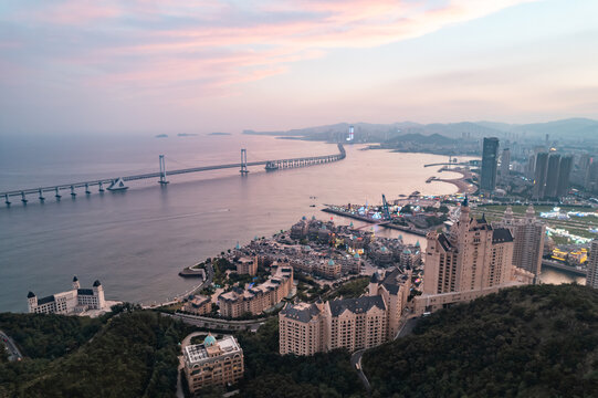 大连星海湾跨海大桥晚霞日落航拍