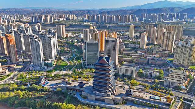 航拍蘭州黃河樓地標(biāo)