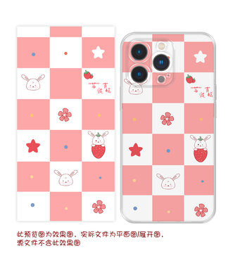 草莓兔子圖案格子文字手機殼